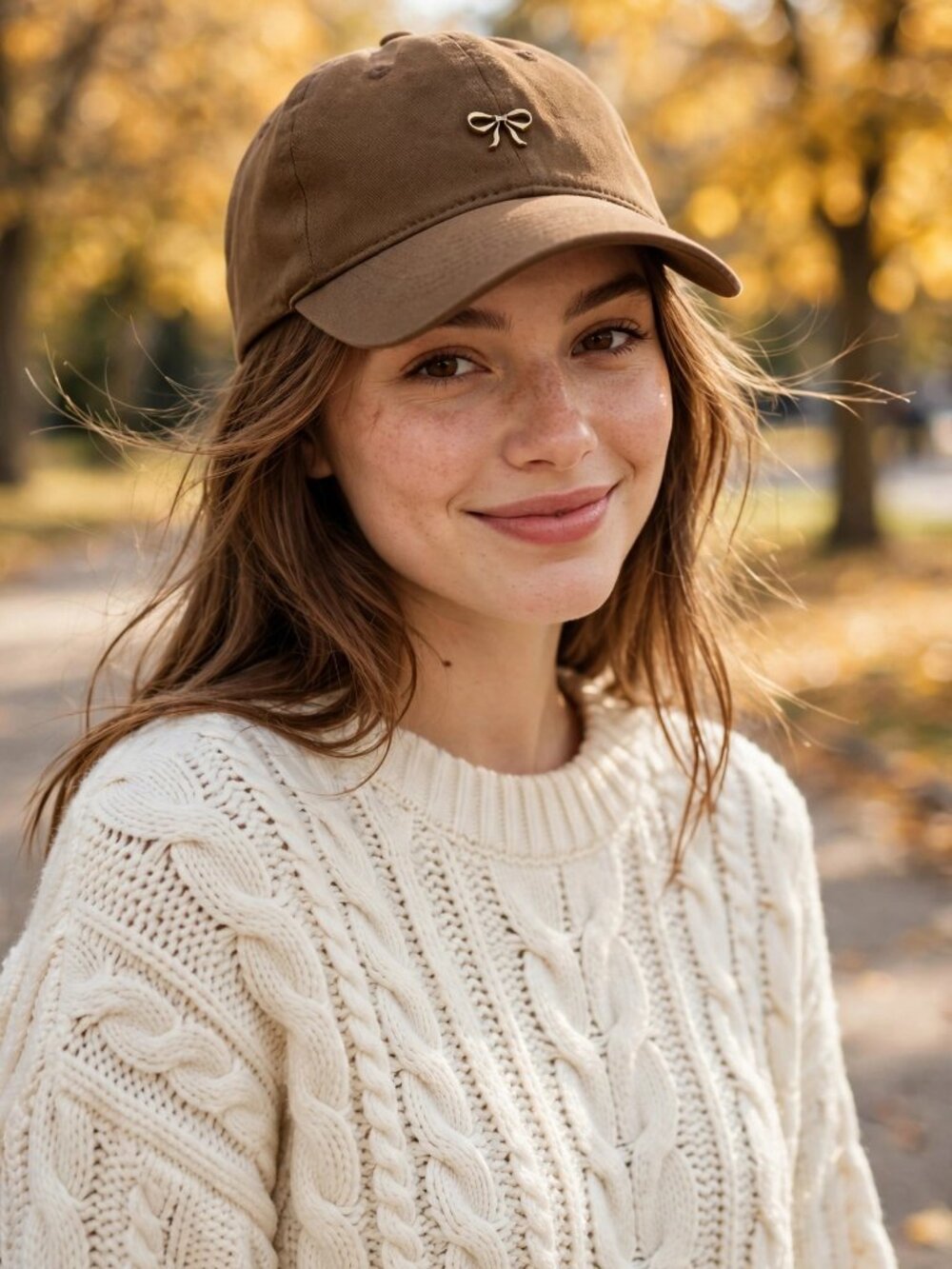 Brown Baseball Cap with Gold Bow Pin